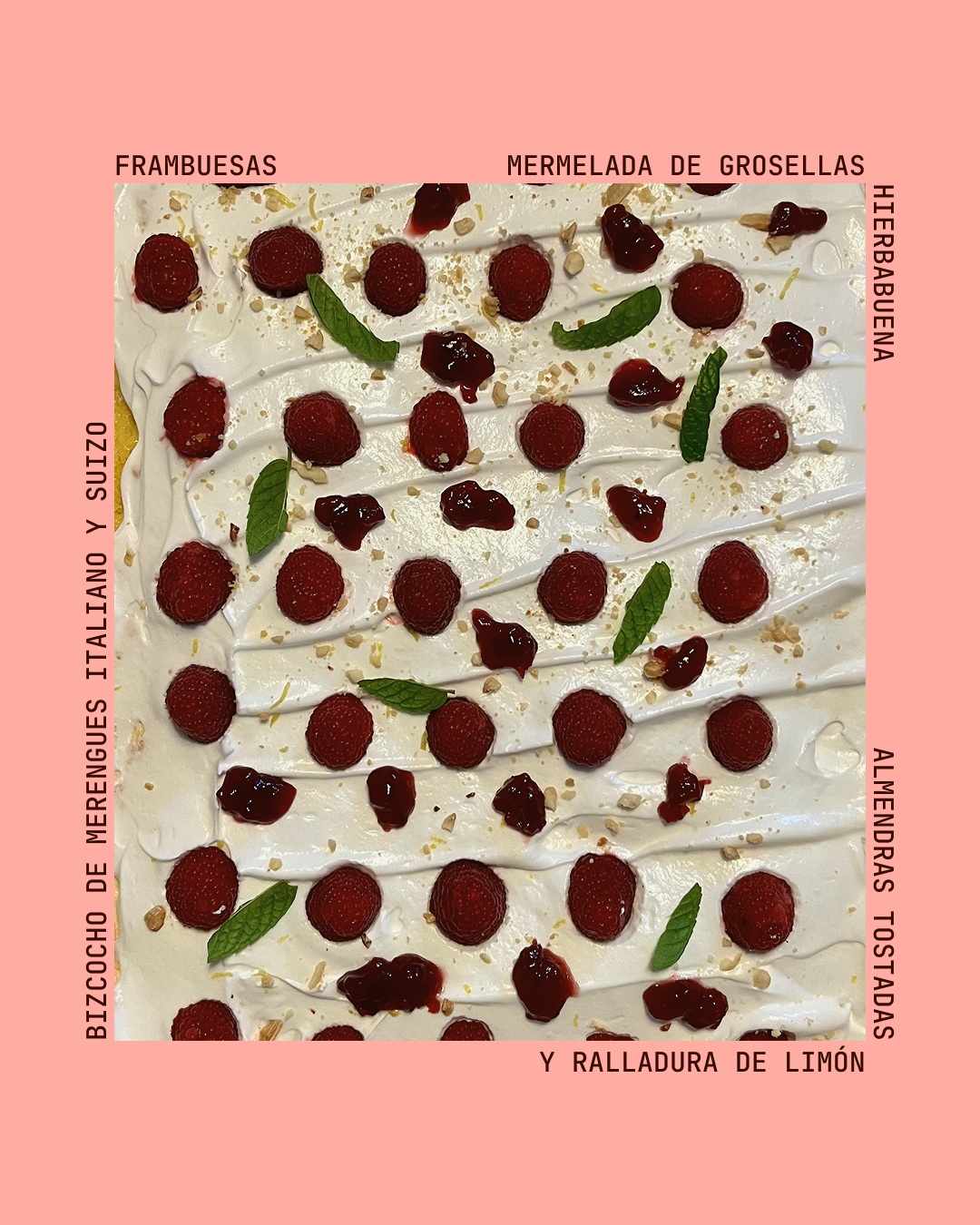 Bizcocho de doble merengue con frambuesas y mermelada de grosellas